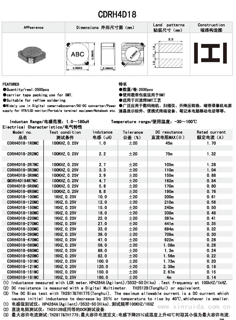 芯瑞達(dá)電子,CDRH4D18電感,貼片電感,功率電感,繞線電感