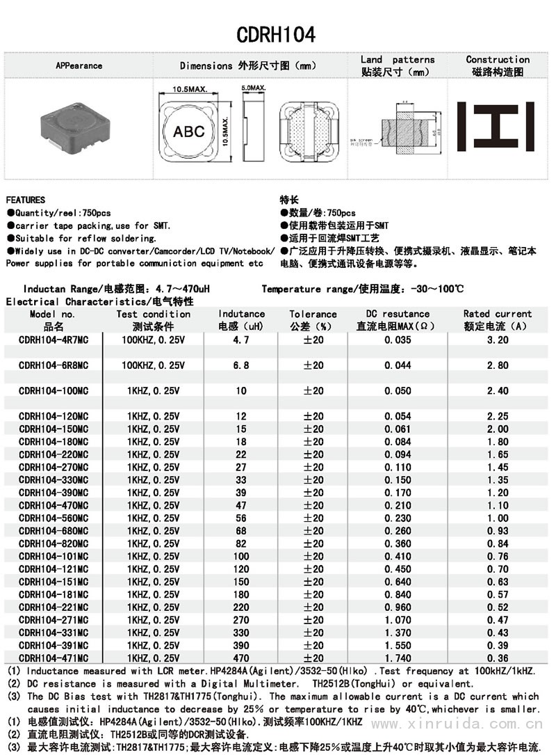芯瑞達(dá)電子,CDRH104電感,貼片電感,功率電感,繞線電感